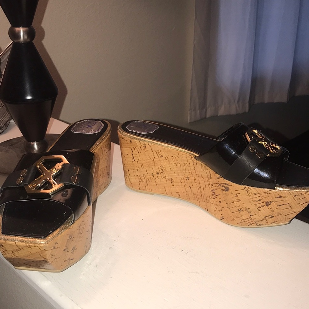 Gold and black platform sandals